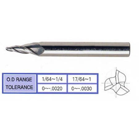 3 Flute Regular Length Ball Nose Tapered Tin Coated Carbide